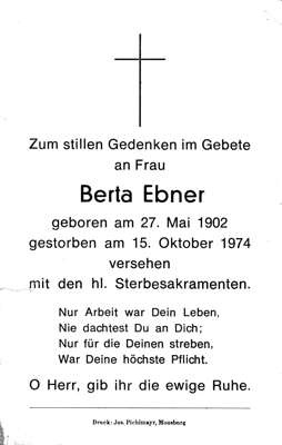 Sterbebildchen Berta Ebner, *1902 †1974
