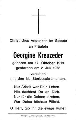 Sterbebildchen Georgine Kreuzeder, *1919 †1973