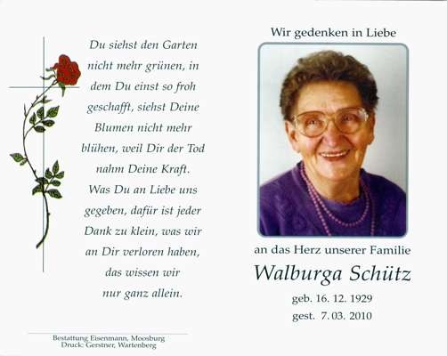 Sterbebildchen Walburga Schtz, *1929 2010