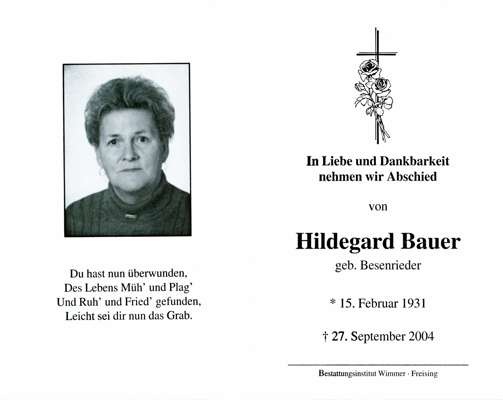 Sterbebildchen Hildegard Bauer, *1931 †2004