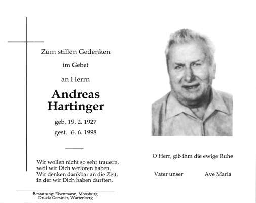 Sterbebildchen Andreas Hartinger, *1927 1998