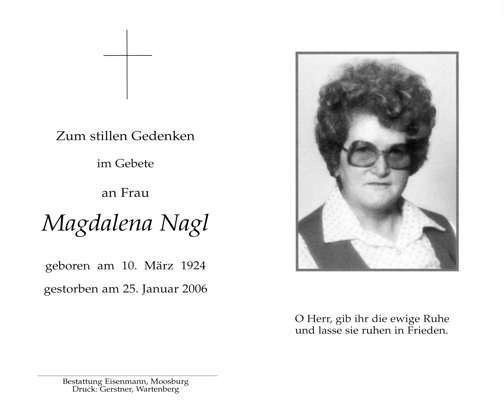 Sterbebildchen Magdalena Nagl, *1924 2006