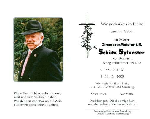 Sterbebildchen Sylvester Schtz, *1926 †2008