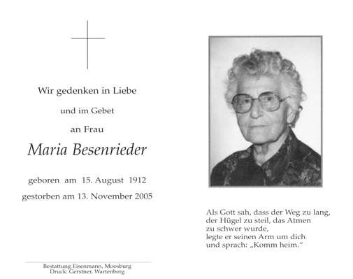 Sterbebildchen Maria Besenrieder, *1912 2005