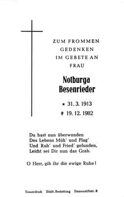 Sterbebildchen Notburga Besenrieder, *1913 1982