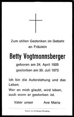 Sterbebildchen Betty Vogtmannsberger, *1925 †1973