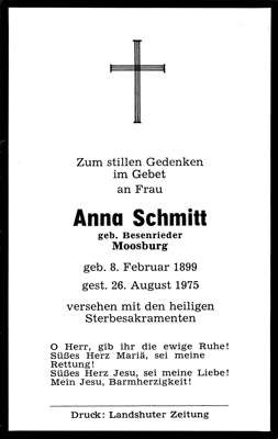 Sterbebildchen Anna Schmitt, *1899 †1975