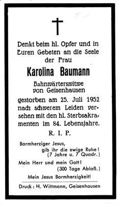 Sterbebildchen Karolina Baumann, *1868 †1952
