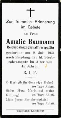 Sterbebildchen Amalie Baumann, *1896 †1941