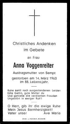 Sterbebildchen Anna Voggenreiter, *1875 †1963