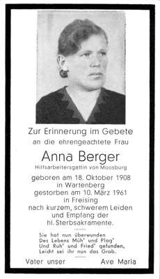 Sterbebildchen Anna Berger, *1908 †1961