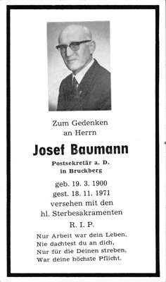 Sterbebildchen Josef Baumann, *1900 †1971