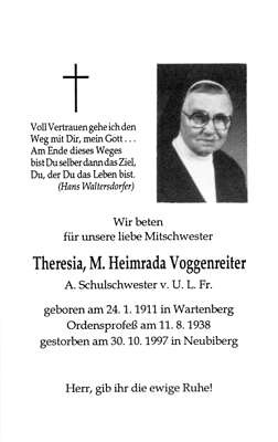 Sterbebildchen Theresia, M. Heimrada Voggenreiter, *1911 †1997