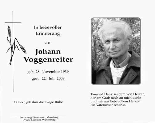 Sterbebildchen Johann Voggenreiter, *1939 2008