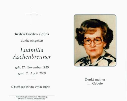 Sterbebildchen Ludmilla Aschenbrenner, *1925 †2009