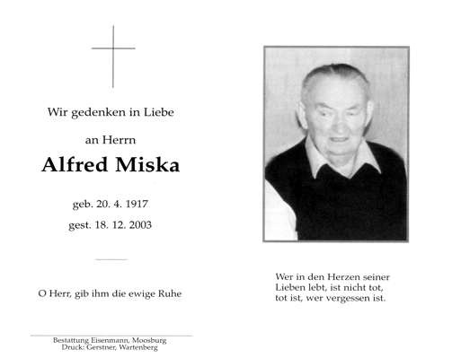Sterbebildchen Alfred Miska, *1917 †2003