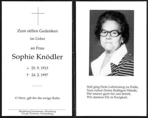 Sterbebildchen Sophie Kndler, *1913 †1997