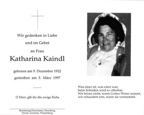 Sterbebildchen Katharina Kaindl, *1922 †1997