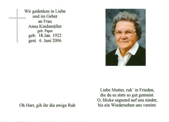 Sterbebildchen Anna Kindsmller, *1922 †2006