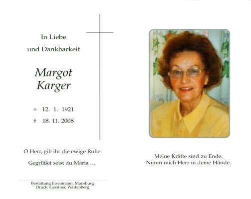 Sterbebildchen Margot Karger, *1921 2008