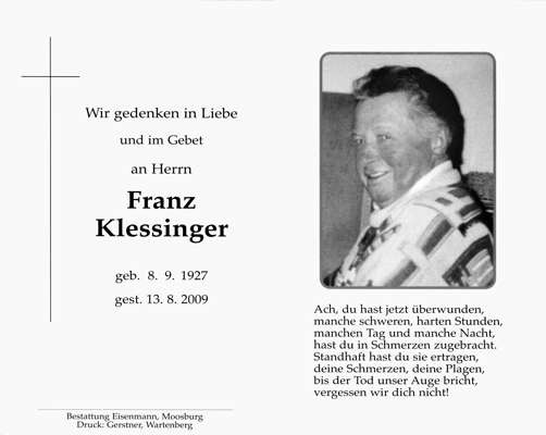 Sterbebildchen Franz Klessinger, *1927 †2009