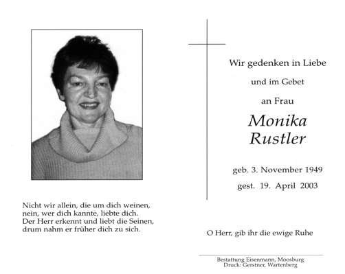 Sterbebildchen Monika Rustler, *1949 2003