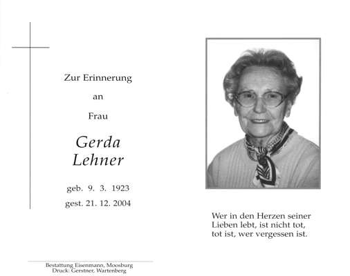 Sterbebildchen Gerda Lehner, *1923 †2004