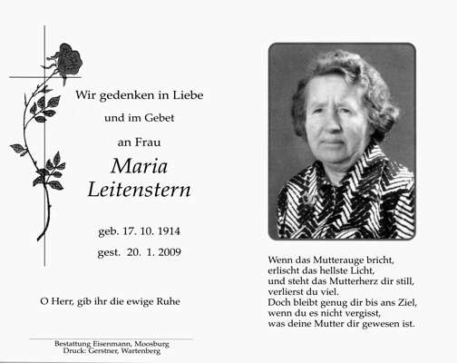 Sterbebildchen Maria Leitenstern, *1914 †2009