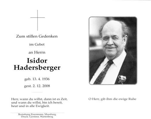 Sterbebildchen Isidor Hadersberger, *1936 †2008
