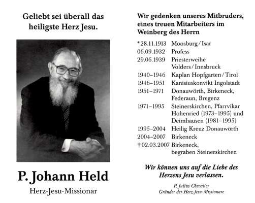 Sterbebildchen Pater Johann Held, *1913 †2007