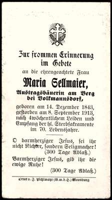 Sterbebildchen Maria Sellmaier *1843 †1913