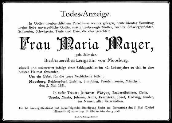 Todesanzeige Maria Mayer, geb. Selmair *1879 1921