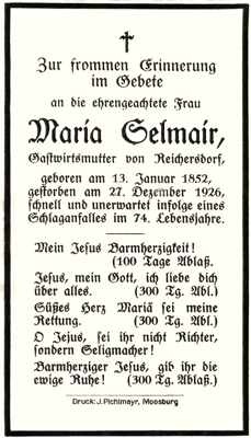 Sterbebildchen Maria Selmair *1852 †1926