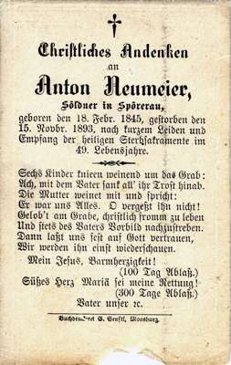Sterbebildchen Anton Neumeier *1845 †1893