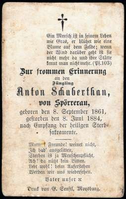 Sterbebildchen Anton Schuberthan *1861 †1884