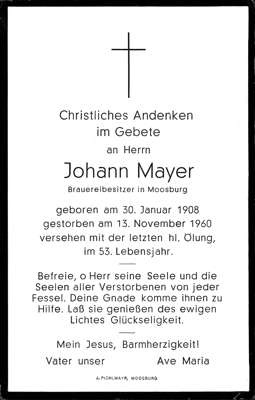 Sterbebildchen Brauereibesitzer Johann Mayer *1908 †1960