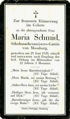 Sterbebildchen Maria Schmid *1906 †1928