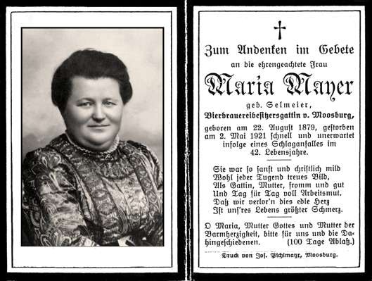 Sterbebildchen Maria Mayer, geb. Selmair *1879 †1921