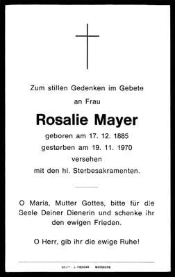 Sterbebildchen Rosalie Mayer, geb. Pointner *1885 †1970