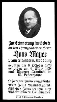 Sterbebildchen Johann Mayer *1876 †1938