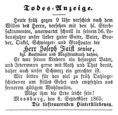 Todesanzeige Joseph Faist sen. *1809 1865