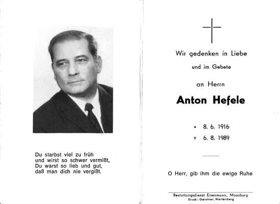 Sterbebildchen Anton Hefele, *1916 †1989