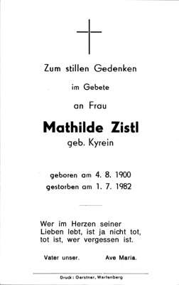 Sterbebildchen Mathilde Zistl, *1900 †1982