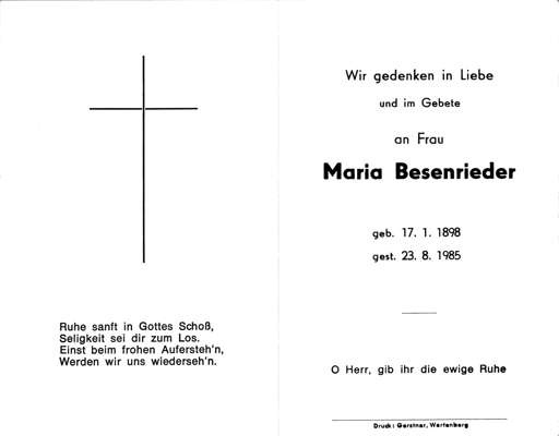 Sterbebildchen Maria Besenrieder, *1898 1985