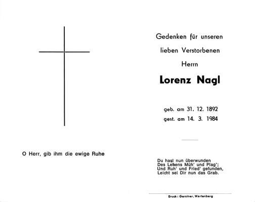 Sterbebildchen Lorenz Nagl, *1892 †1984