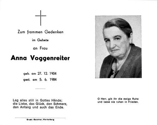 Sterbebildchen Anna Voggenreiter, *1904 †1984