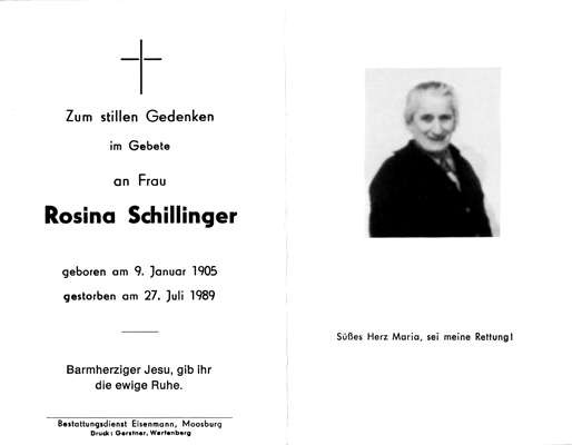 Sterbebildchen Rosina Schillinger, *1905 1989