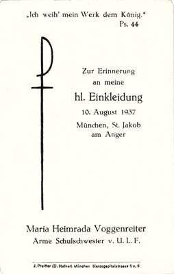 Bildchen hl. Einkleidung Maria Heimrada Voggenreiter, *1911 †1997