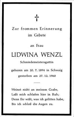 Sterbebildchen Lidwina Wenzl, *1894 †1960