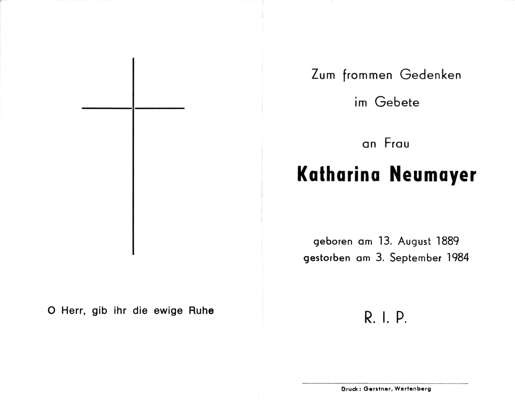 Sterbebildchen Katharina Neumeier, *1889 †1984